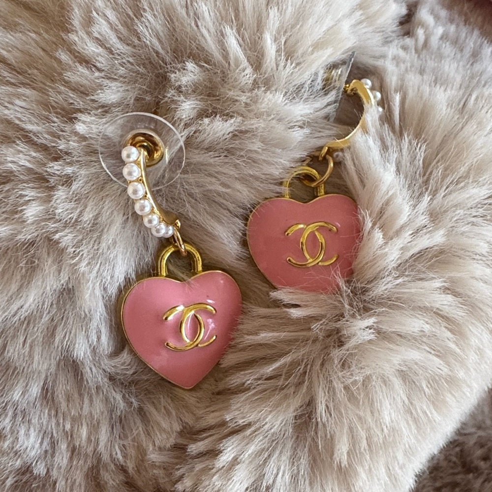 Upcycled Pink Heart Earrings with Gold and Pearl Details